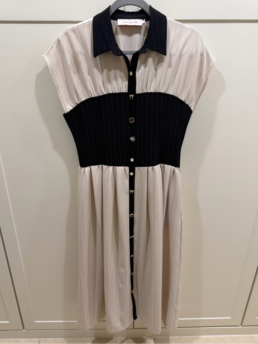 Lisa Says Gah Two-Tone Pinstripe Midi Dress in Cream and Black